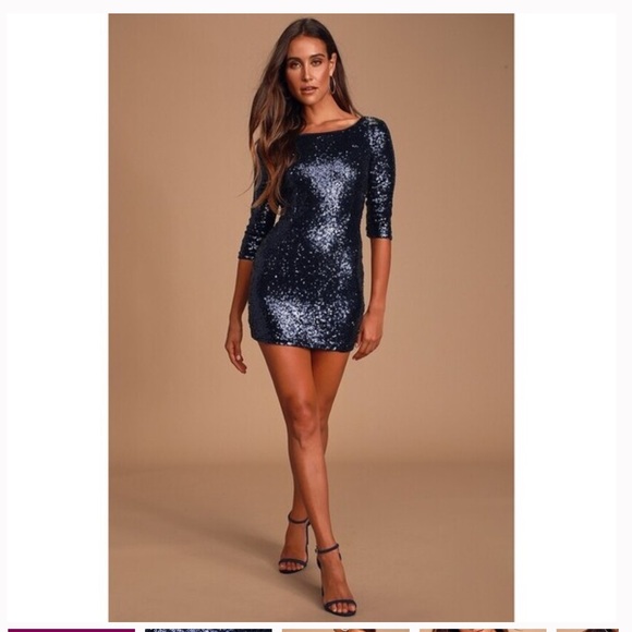 Lulus Delightful Ways Navy sequin quarter sleeve zip up back dress. Size L - Picture 3 of 13